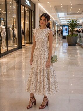 S-DEER Cream Floral Smocked Midi Dress NWT 🌸